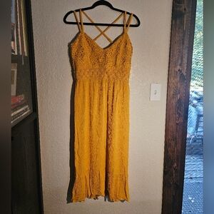 Mustard yellow strappy lace dress